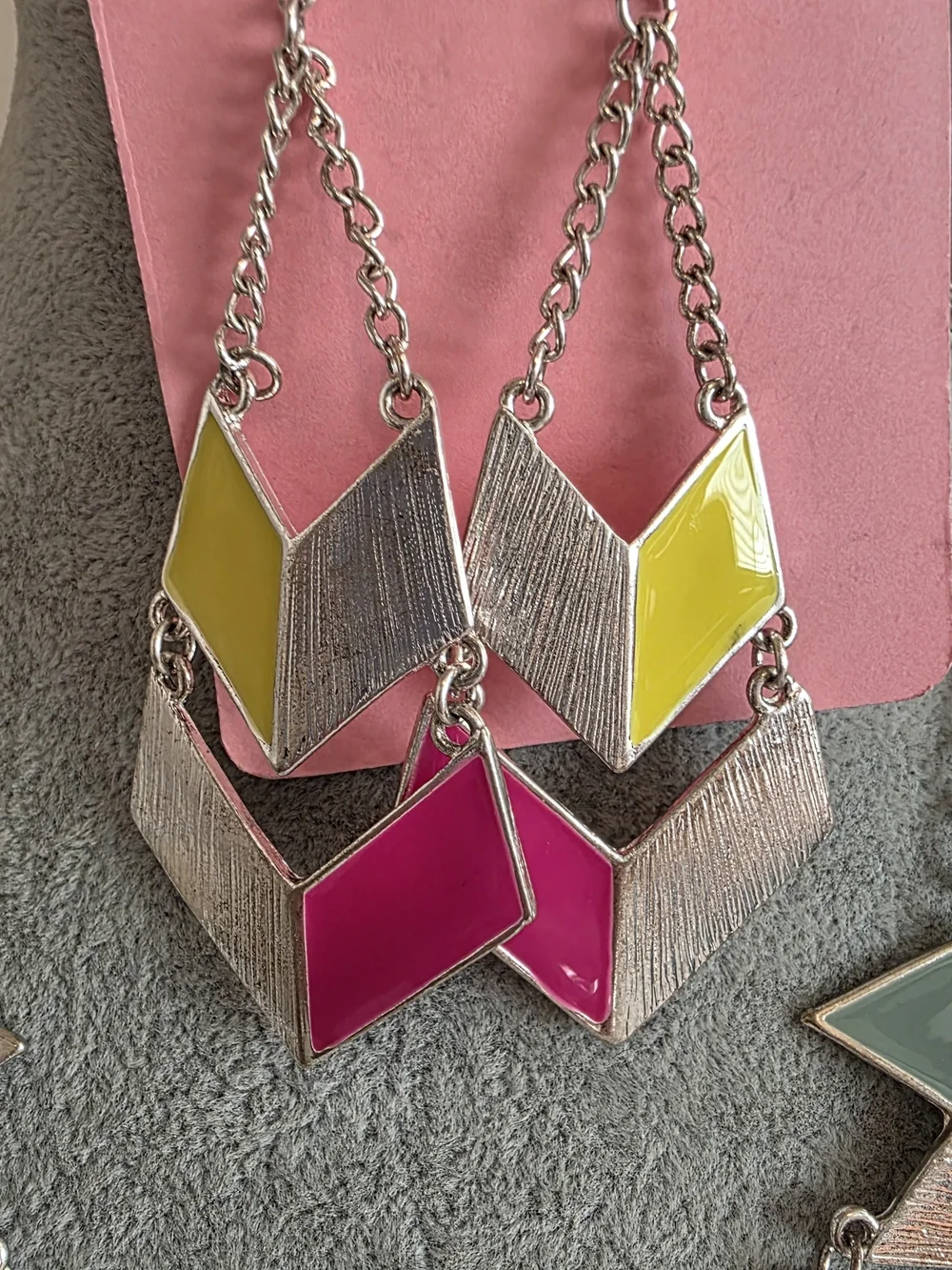 Geometric Chevron Statement Necklace & Earrings Set in Pink, Yellow & Slate Blue